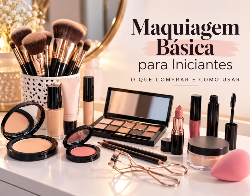 Maquiagem básica para iniciantes com pincéis, base, corretivo, sombras, batom e outros produtos essenciais.